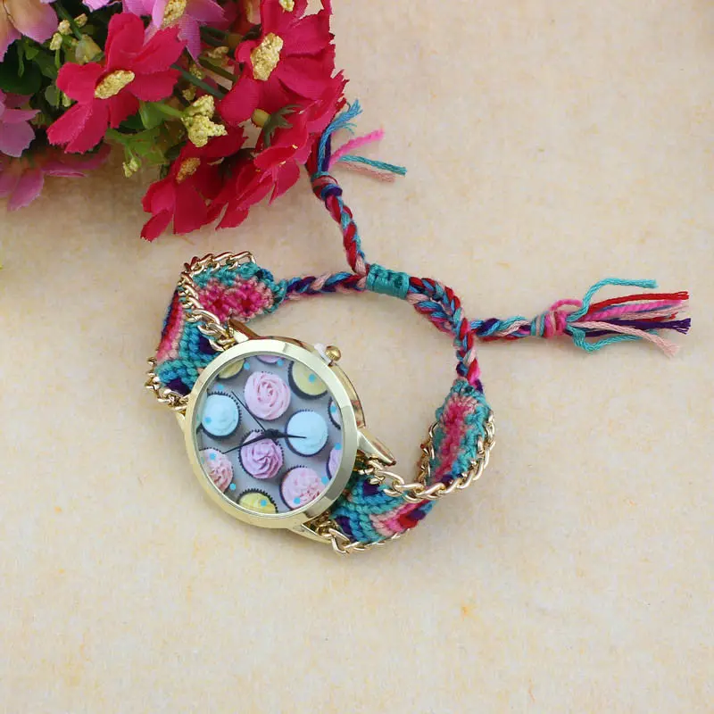 Watch Women Ice Cream Pattern Print Girls Watch National Wind Weaved Bracelet Quartz Watch Relogio Reloj Mujer Hours 2