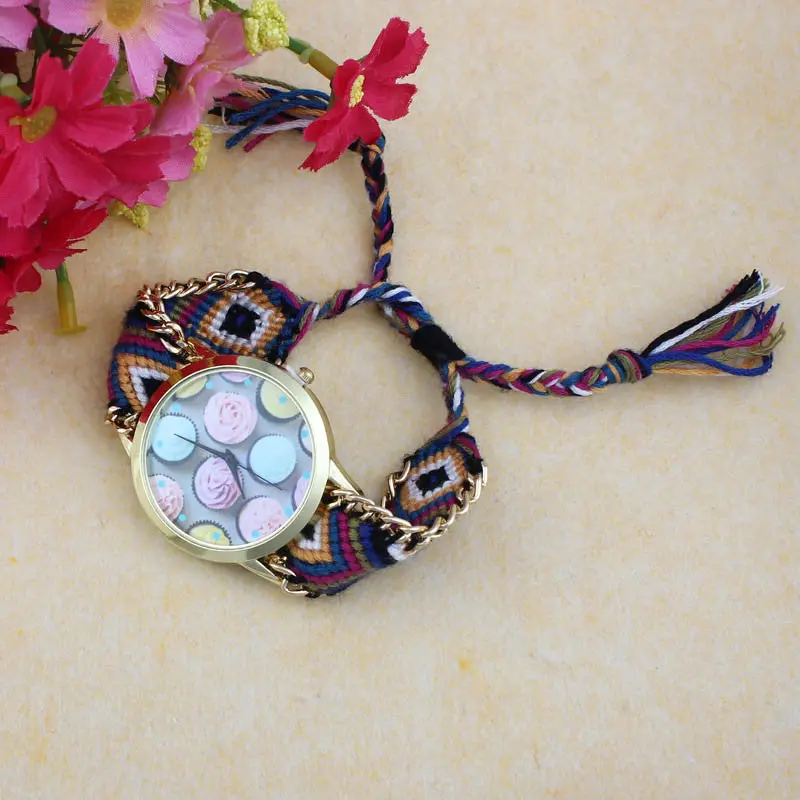 Watch Women Ice Cream Pattern Print Girls Watch National Wind Weaved Bracelet Quartz Watch Relogio Reloj Mujer Hours 4