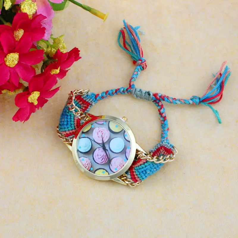 Watch Women Ice Cream Pattern Print Girls Watch National Wind Weaved Bracelet Quartz Watch Relogio Reloj Mujer Hours 6