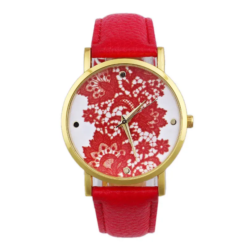 Watch Women Lace Printed Faux Leather Quartz Analog Dress Wristwatch Vintage Casual Relojes 7 Colors 1