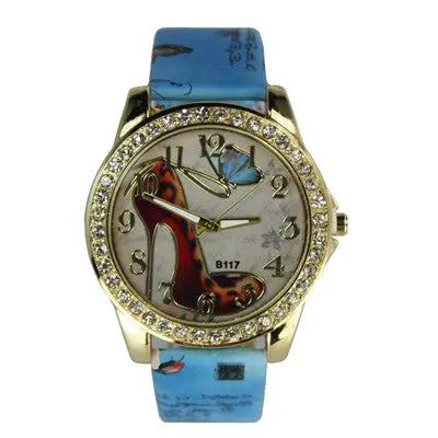 Watch Women Rhinestone Crystal Bracelet Dress Clock High Heels Pattern Pu Leather Band Analog Relogio Feminino 1