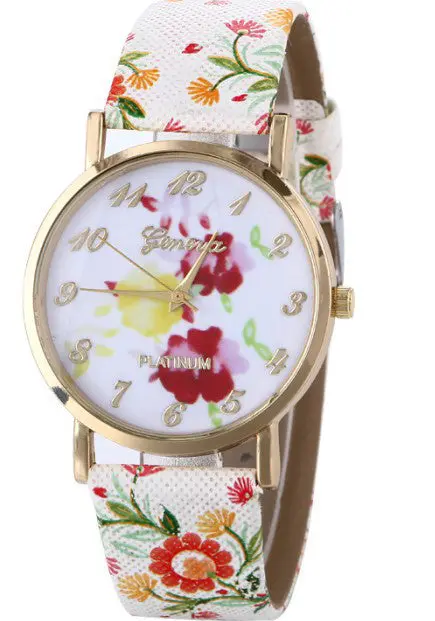 Watch Women Trendy Flower Patterns Dress Watches Hour Leather Lady Dress Analog Quartz Vogue Clock Relogio 1