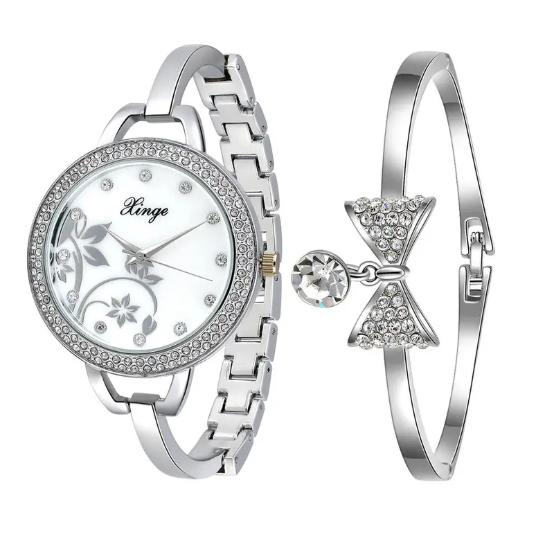Watches Bracelet Women Silver Rhinestone Bowknot Bangle Watch And Bracelet Set 388S Ladies Watches Feida 2