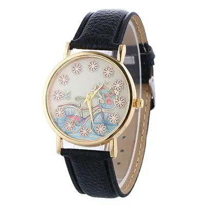 Watches Women Bracelet Dress Clock Relogio Feminino Pu Leather Flower Pattern Quartz Watch 1