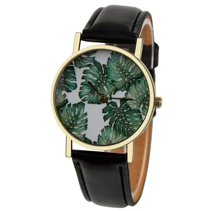 Watches Women Dress Clock Leaves Pattern Pu Leather Band Analog Quartz Wrist Watch Relogio Feminino 1