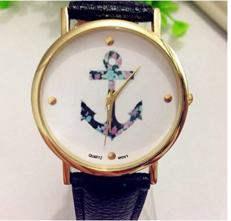 Watches Women Men Dress Clocks Vintage Flower Printed Anchor Leather Quartz Casual Relogio Mujer Montre Black 1