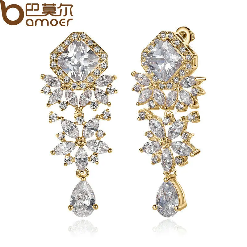Water 14 K Gold Plated Long Dangle Zirconia Earrings Fashion Wedding Gie066-Rg 1