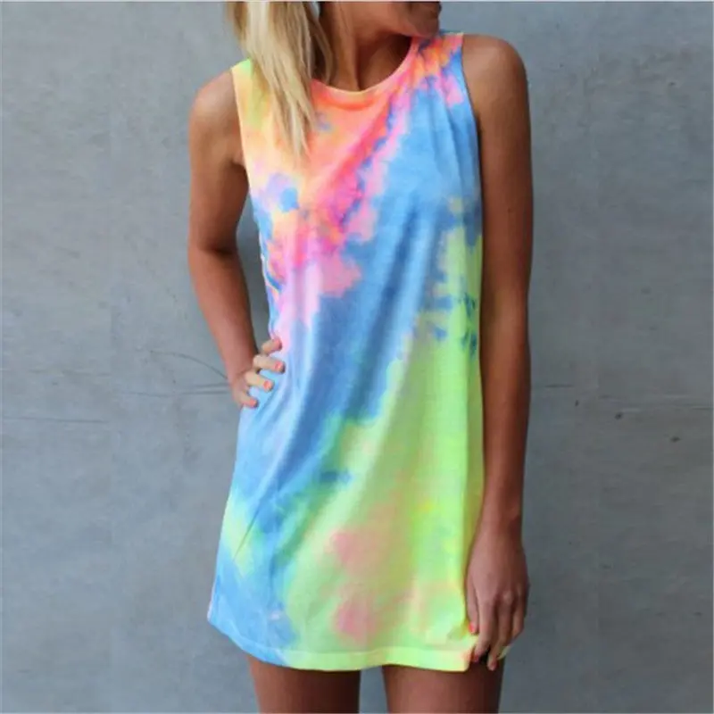 Watercolor Print Dress For Women Big Sizes Cute Mini Dress Sleeveless Vestidos Light Color Sundress Sexy Women Dress 1