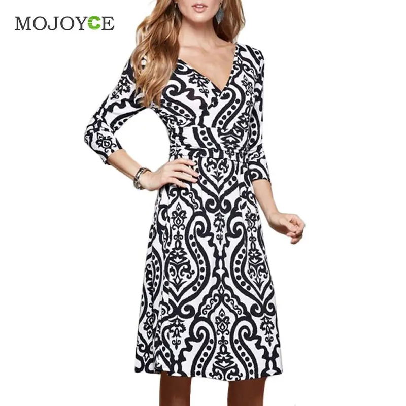 White Black Print Elegant Women Dress Vestido Bodycon V Neck Women Office Vestido De Festa Dress Vintage Dress 1