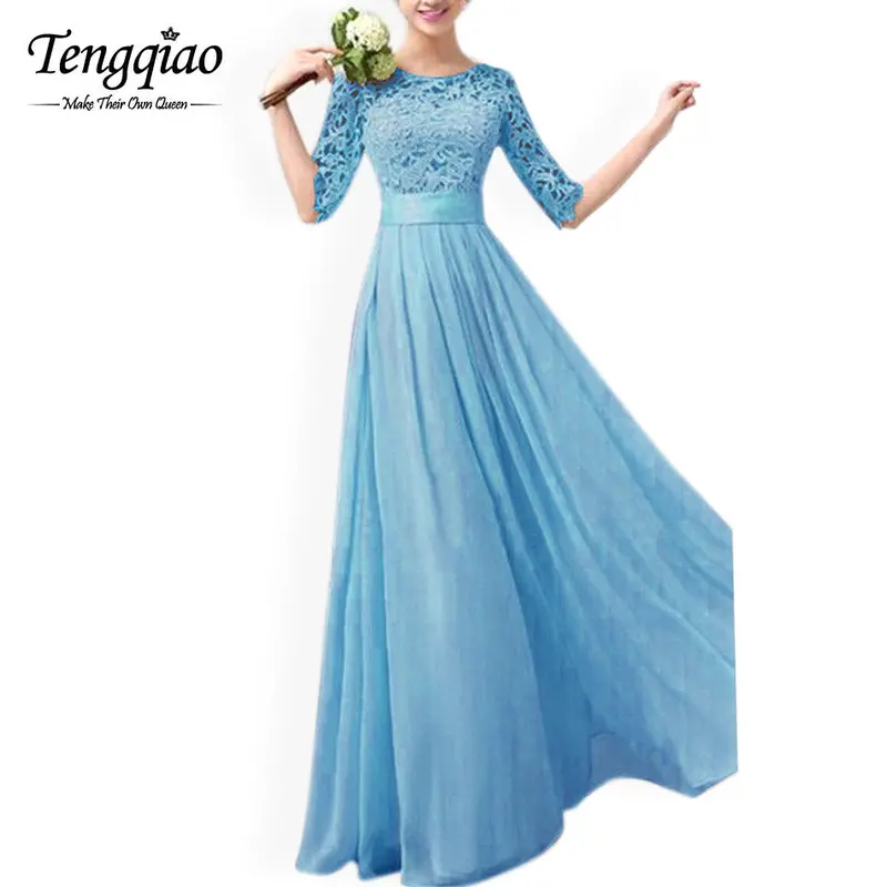 White Chiffon Floor-Length Dress — Half-Sleeve, Pleated Lace Gown in Six Colors