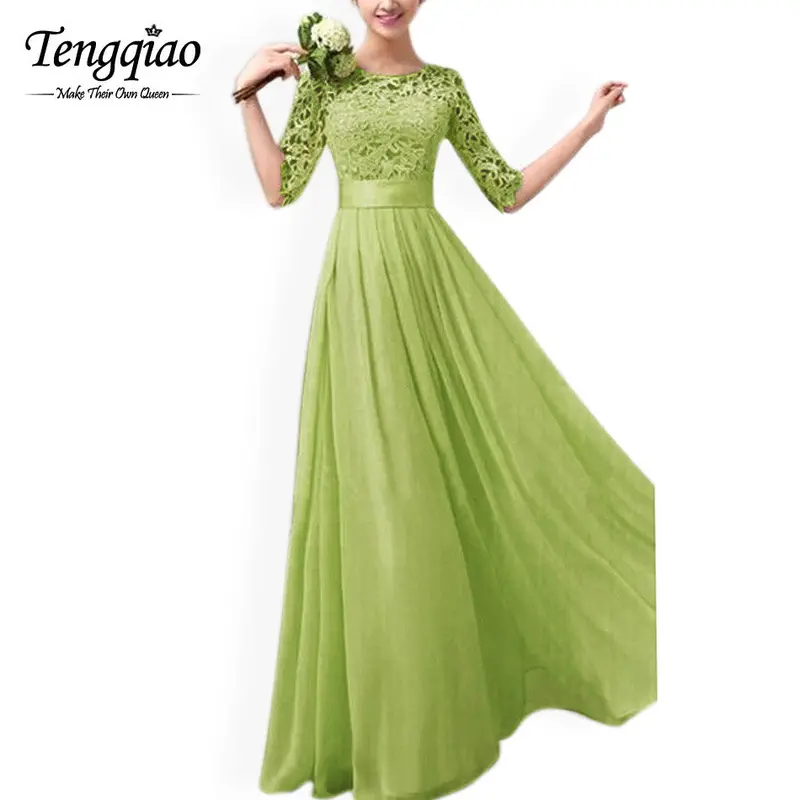 White Chiffon Floor-Length Dress — Half-Sleeve, Pleated Lace Gown in Six Colors