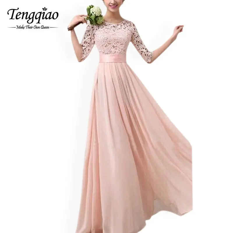 White Chiffon Floor-Length Dress — Half-Sleeve, Pleated Lace Gown in Six Colors