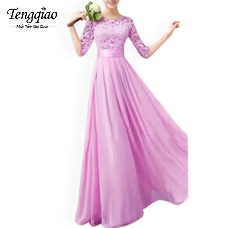 White Chiffon Floor-Length Dress — Half-Sleeve, Pleated Lace Gown in Six Colors