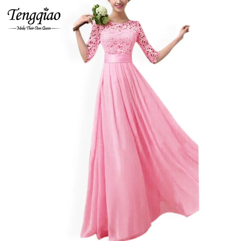White Chiffon Floor-Length Dress — Half-Sleeve, Pleated Lace Gown in Six Colors