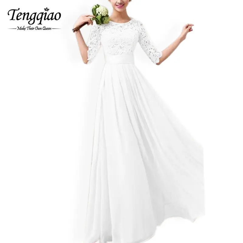 White Chiffon Floor-Length Dress — Half-Sleeve, Pleated Lace Gown in Six Colors