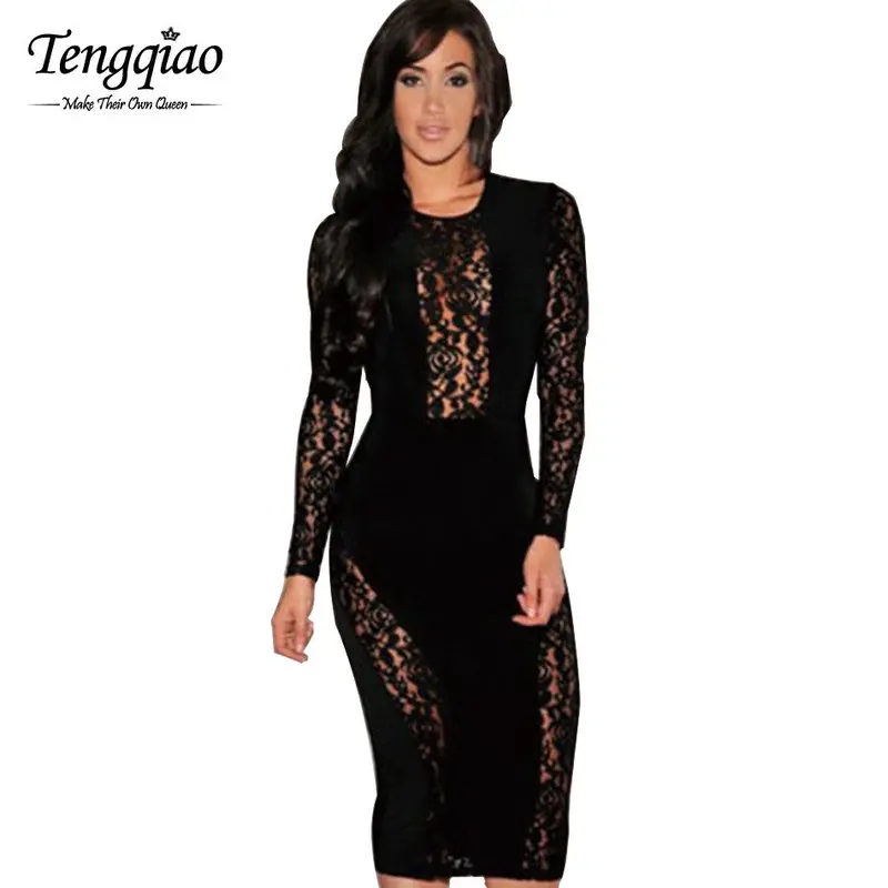 White Club Dresses Casual Dress Celeb Bodycon Midi Pencil Long Sleeve Lace Dress Knee Length Sexy Party Bandage Dress 1