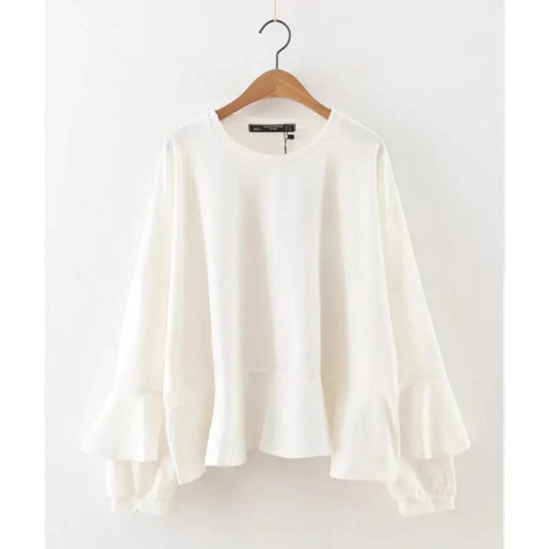 White Color Ruffles Sweatshirt Women O Neck Ruffles Hem Pullover Long Sleeve Hoodies Casual Jumper Sweats Tops 2