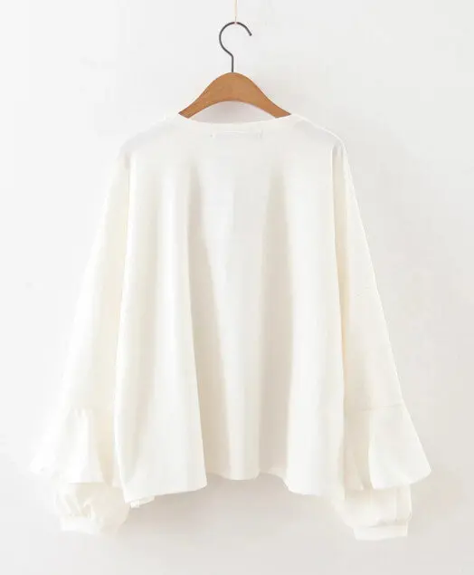 White Color Ruffles Sweatshirt Women O Neck Ruffles Hem Pullover Long Sleeve Hoodies Casual Jumper Sweats Tops 3