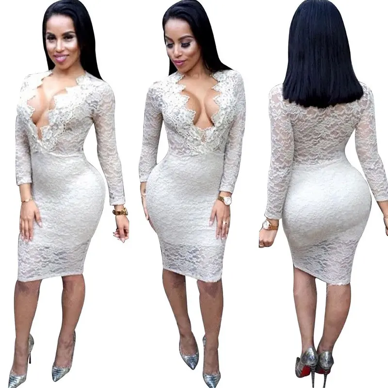 White Dress Women Clothing Sexy Long Sleeve Lace Bandage Bodycon Dress Robe Vestidos Plus Size Feida 1