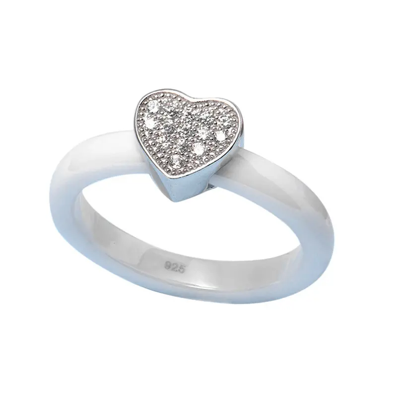 White Gold Electroplated Jewelry Heart Shaped Pendant Nano Ceramic & S925 Sterling Silver Ring Polished With Cz Diamond Embedded 1