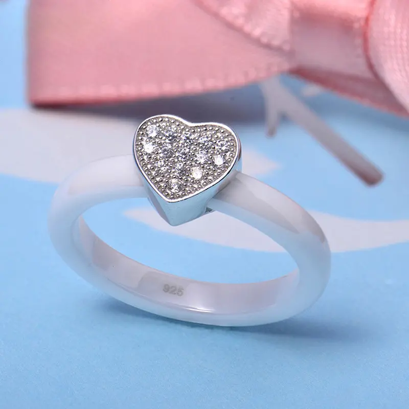White Gold Electroplated Jewelry Heart Shaped Pendant Nano Ceramic & S925 Sterling Silver Ring Polished With Cz Diamond Embedded 2
