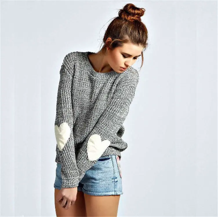 White Heart Patchwork Long-Sleeved Casual Solid O Neck Pullover Knitted Sweater Grey Color Tops For Sexy Girls Lx205 1