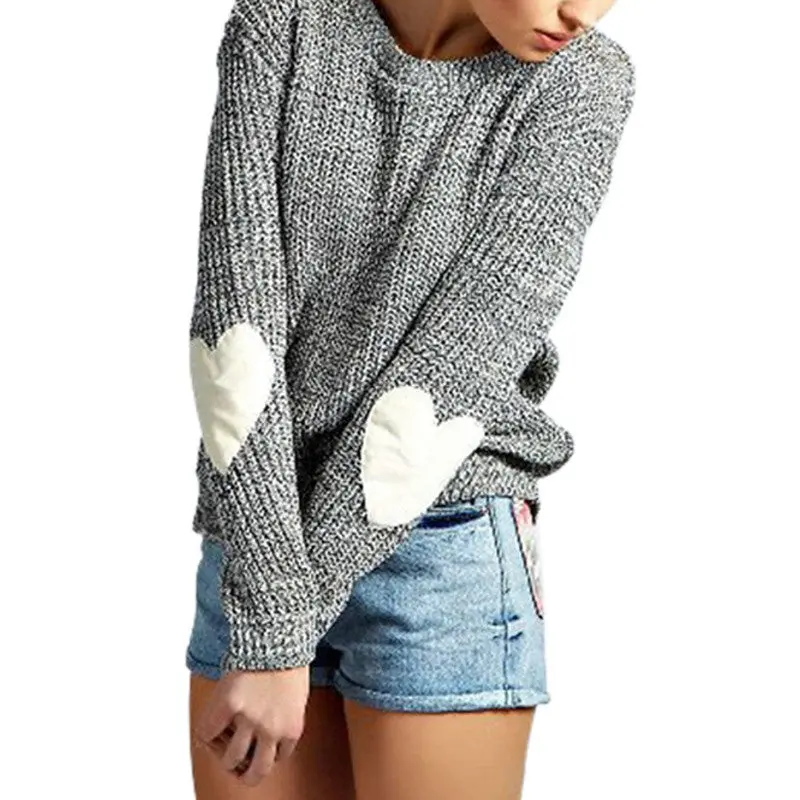 White Heart Patchwork Long-Sleeved Casual Solid O Neck Pullover Knitted Sweater Grey Color Tops For Sexy Girls Lx205 2