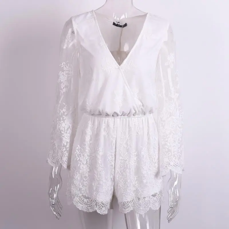 White Lace Embroidery Women Rompers Beach Playsuit Sexy Deep V Neck Jumpsuit Floral Bodysuit Slim Overalls For Women 1