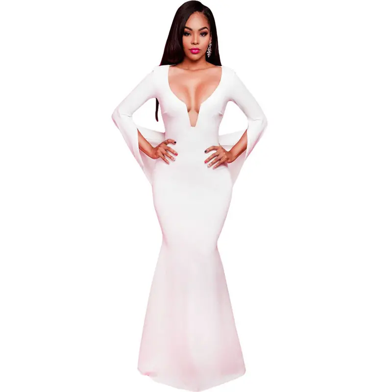 White Long Sleeve Dress Evening Bodycon Sexy Mermaid Dress For Floor Length Long Party Elegant Dress 1
