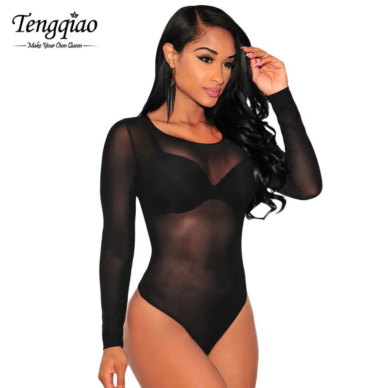 White Long Sleeve Sexy Nude Bodysuit Sheer Transparent Mesh Thong Lingerie Bodysuit Top Jumpsuit Romper Overall 1