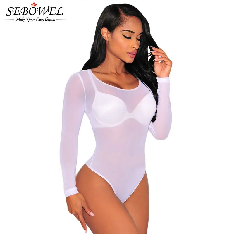 White Long Sleeve Sexy Nude Bodysuit Sheer Transparent Mesh Thong Lingerie Bodysuit Top Jumpsuit Romper Overall 14
