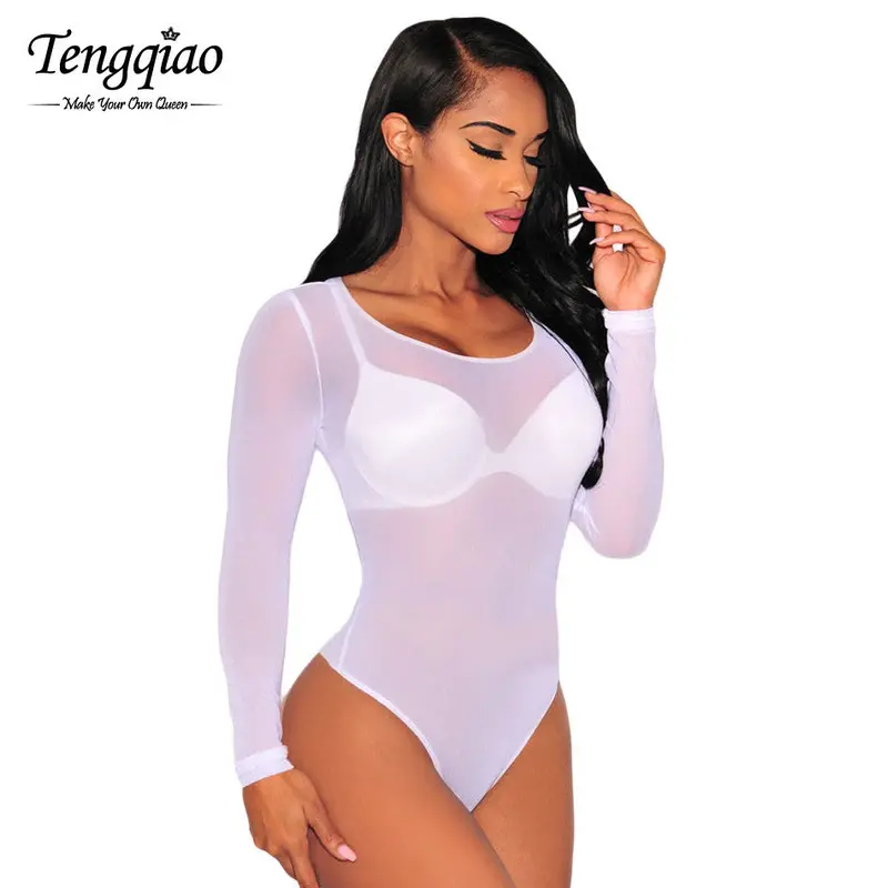 White Long Sleeve Sexy Nude Bodysuit Sheer Transparent Mesh Thong Lingerie Bodysuit Top Jumpsuit Romper Overall 17