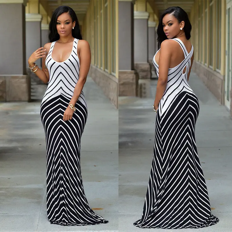 White Navy Stripes Daring Long Dress Floor Length Dress Casual Vest Sleeveless Long Maxi Dress Tq61136 2