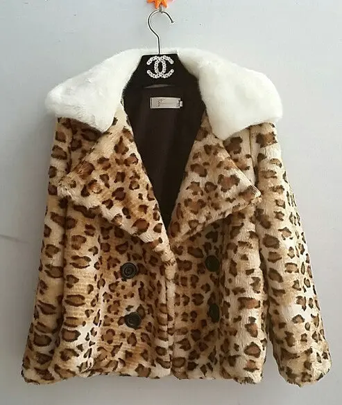 White Notched Collar Spliced Leopard Hairy Shaggy Short Faux Fur Blazer Coat Warm Jacket Outwear 1