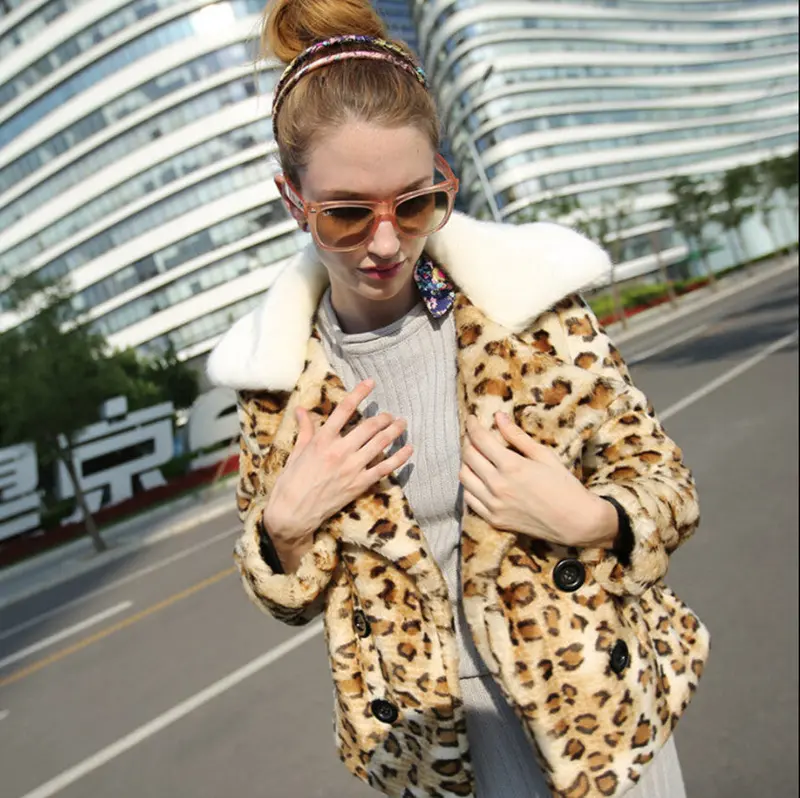 White Notched Collar Spliced Leopard Hairy Shaggy Short Faux Fur Blazer Coat Warm Jacket Outwear 4