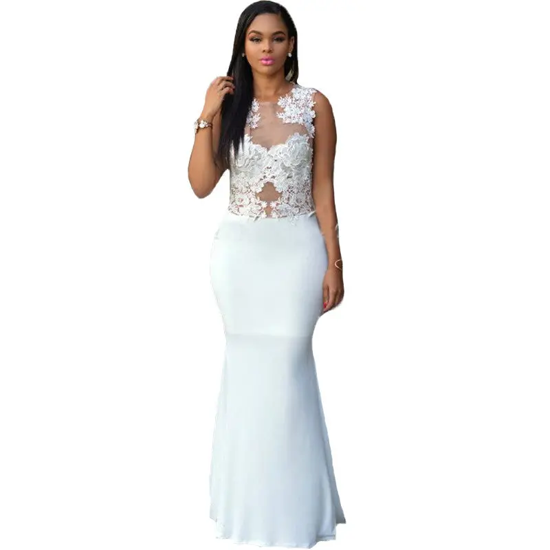 White Party Dresses Sexy Lace Mesh Patchwork Women Maxi Dress Sleeveless Bodycon Womens Dresses Slim Robe Longue Femme 2