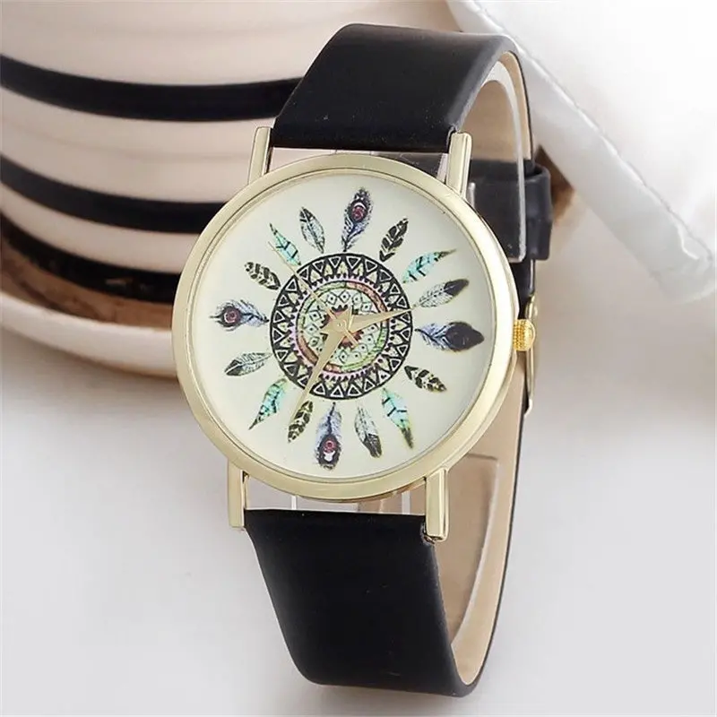 White Watch Women Vintage Feather Dial Leather Band Quartz Analog Unique Wrist Watches Relogio Feminino 1