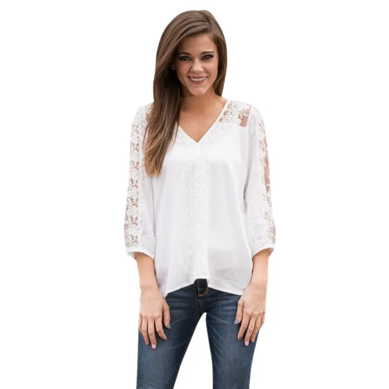 White Women Fashion Blouses Top Casual Sweetly Lace Stitching Tee Shirt 1