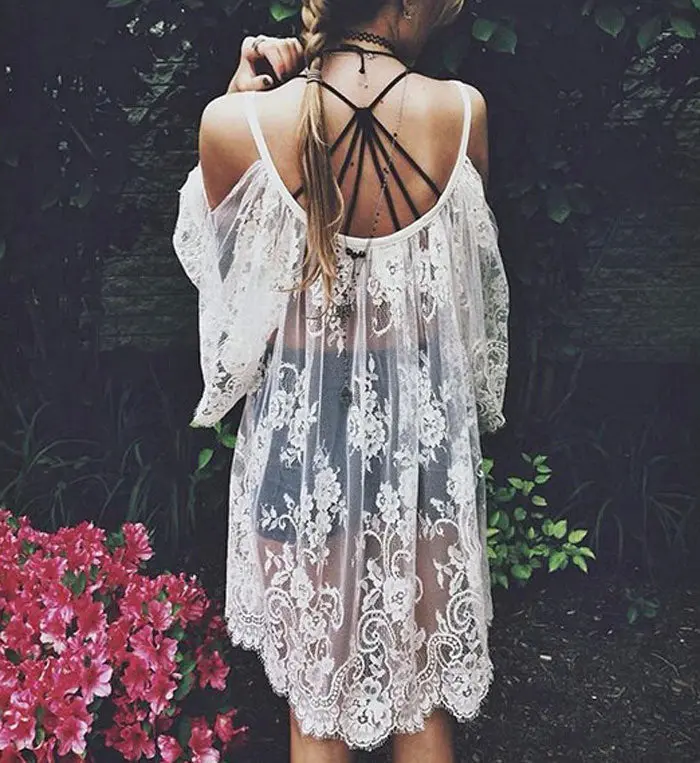 White Women Lace Tops Chiffion Blouses Emboriey Gorgeous Shirts Long Casual Beach Girls Top Embroidery 2