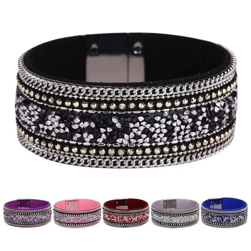 Woman Bangle Bracelet Magnetic Clasp Leather Crystal Magnetic Clasp Leather Crystal Bracelet Fashion Jewelry 2