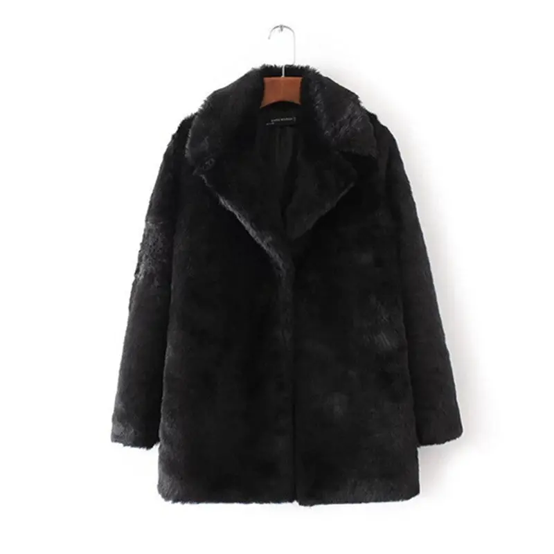 Woman Black Long Hairy Shaggy Faux Fur Coat Lapel Long Sleeve Fuzzy Loose Jacket Outerwear 1