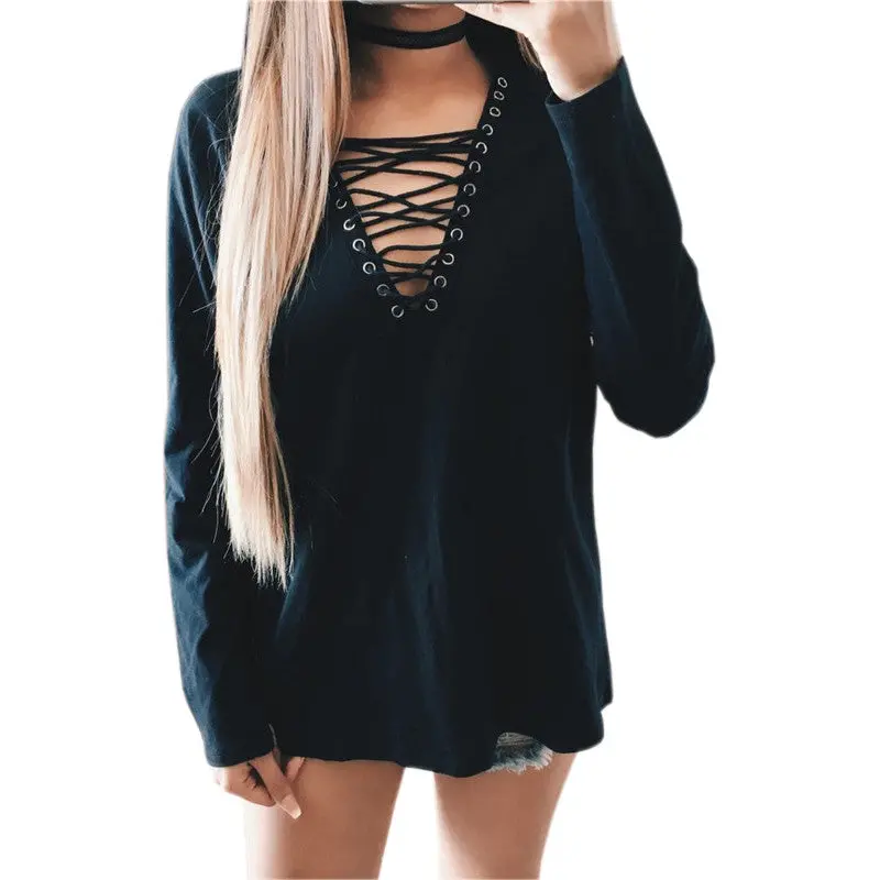 Woman Blouse Shirt Women Deep V Neck Lace Up Shirts Sexy Bodycon Bandage Blouses Casual Loose Shirt Blusas Top Gv481 3