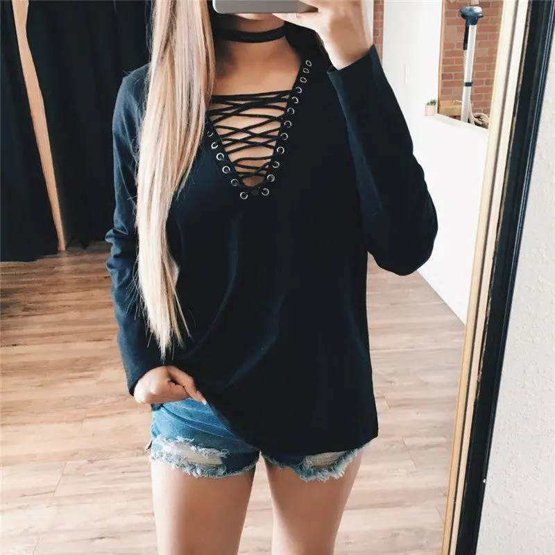 Woman Blouse Shirt Women Deep V Neck Lace Up Shirts Sexy Bodycon Bandage Blouses Casual Loose Shirt Blusas Top Gv481 4