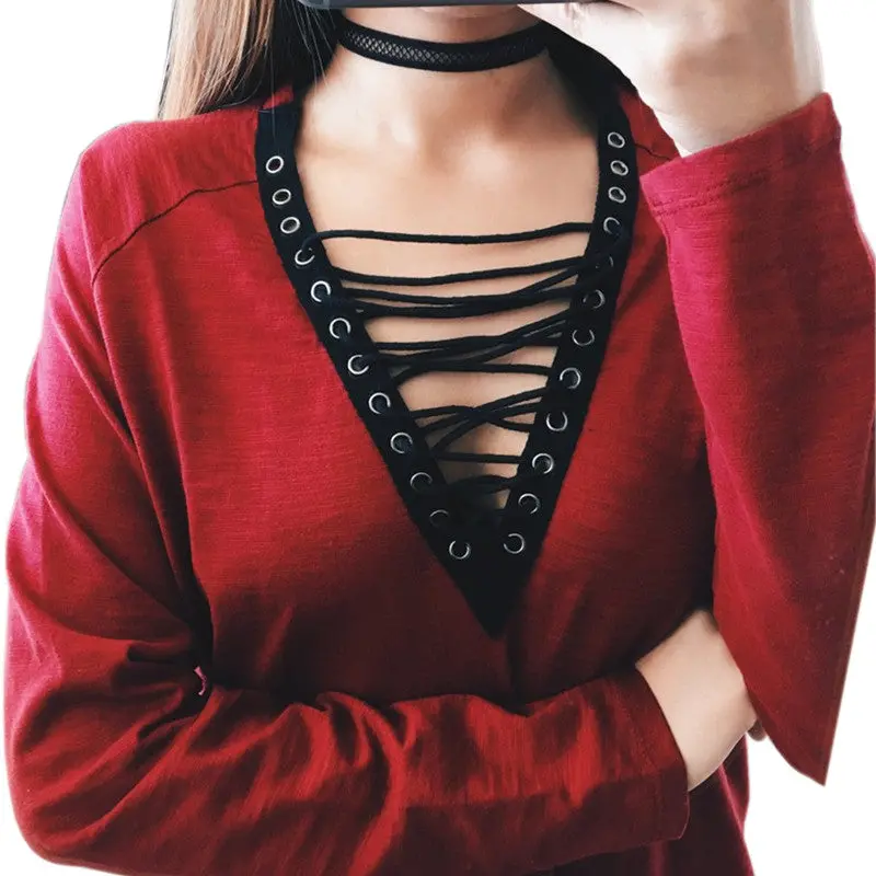 Woman Blouse Shirt Women Deep V Neck Lace Up Shirts Sexy Bodycon Bandage Blouses Casual Loose Shirt Blusas Top Gv481 6