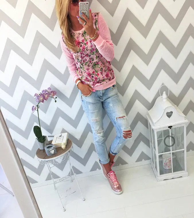 Woman Blusas Shirts Flower Printing Long Sleeve Shirts Casual Sweatshirt Cute Blouse 3 Colors Plus Size Lx098 1