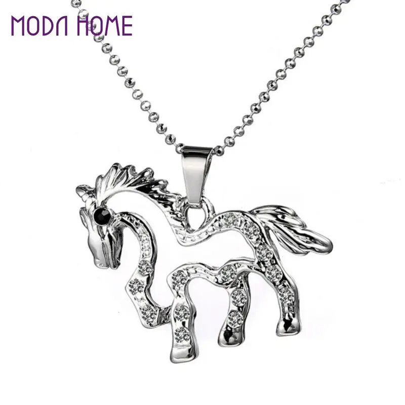 Woman Girl Fashion Silver Plated Rhinstone Crystal Unicorn Horse Animal Pendant Necklace Chain Jewelry For Party Wedding Gift 1