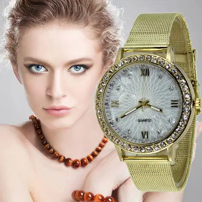 Woman Watches Rhinestone Crystal Dress Clock Retro Design Band Gold Analog Quartz Watch Relogio Feminino 1