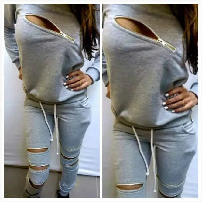 Woman's Tracksuits Sweatshirt+Pants 2 Pieces Set Women Clothing Gray Sports Suit Zipper Tracksuits Sports Costumes J4133 2