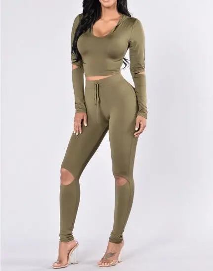 Women 2 Piece Long Sleeve Crop Top And Pants Streetwear Bodycon Outfits Sexy Hole Club Wear Sportswear Sets Womens Gv457 9