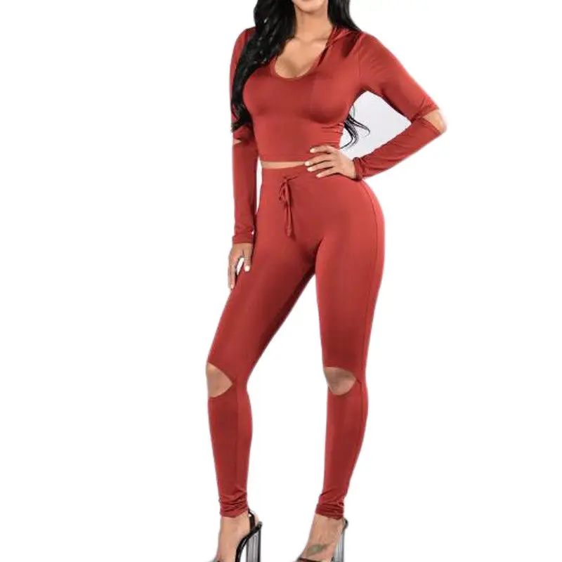 Women 2 Piece Long Sleeve Crop Top And Pants Streetwear Bodycon Outfits Sexy Hole Club Wear Sportswear Sets Womens Gv457 9